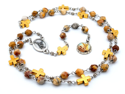 Saint Michael unique rosary beads prayer chaplet with natural faceted gemstone and golden cross beads, silver picture end medal and centre medal.