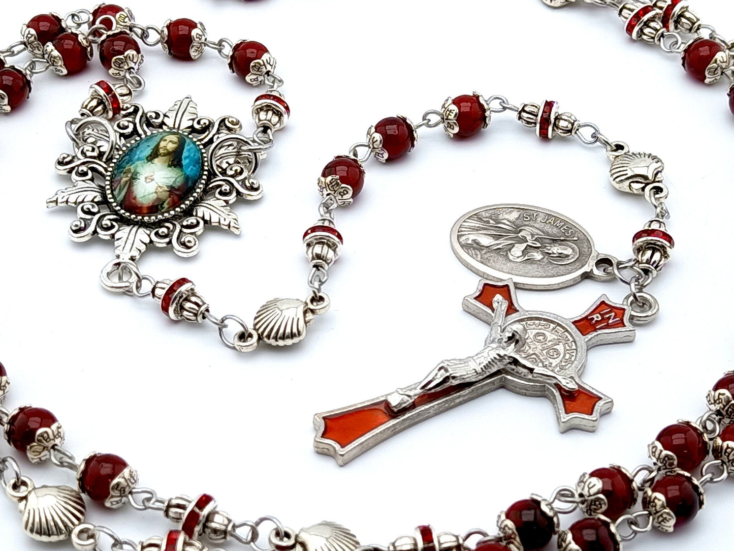 Sacred Heart unique rosary beads with red glass and silver shell beads, red enamel crucifix and picture centre medal.