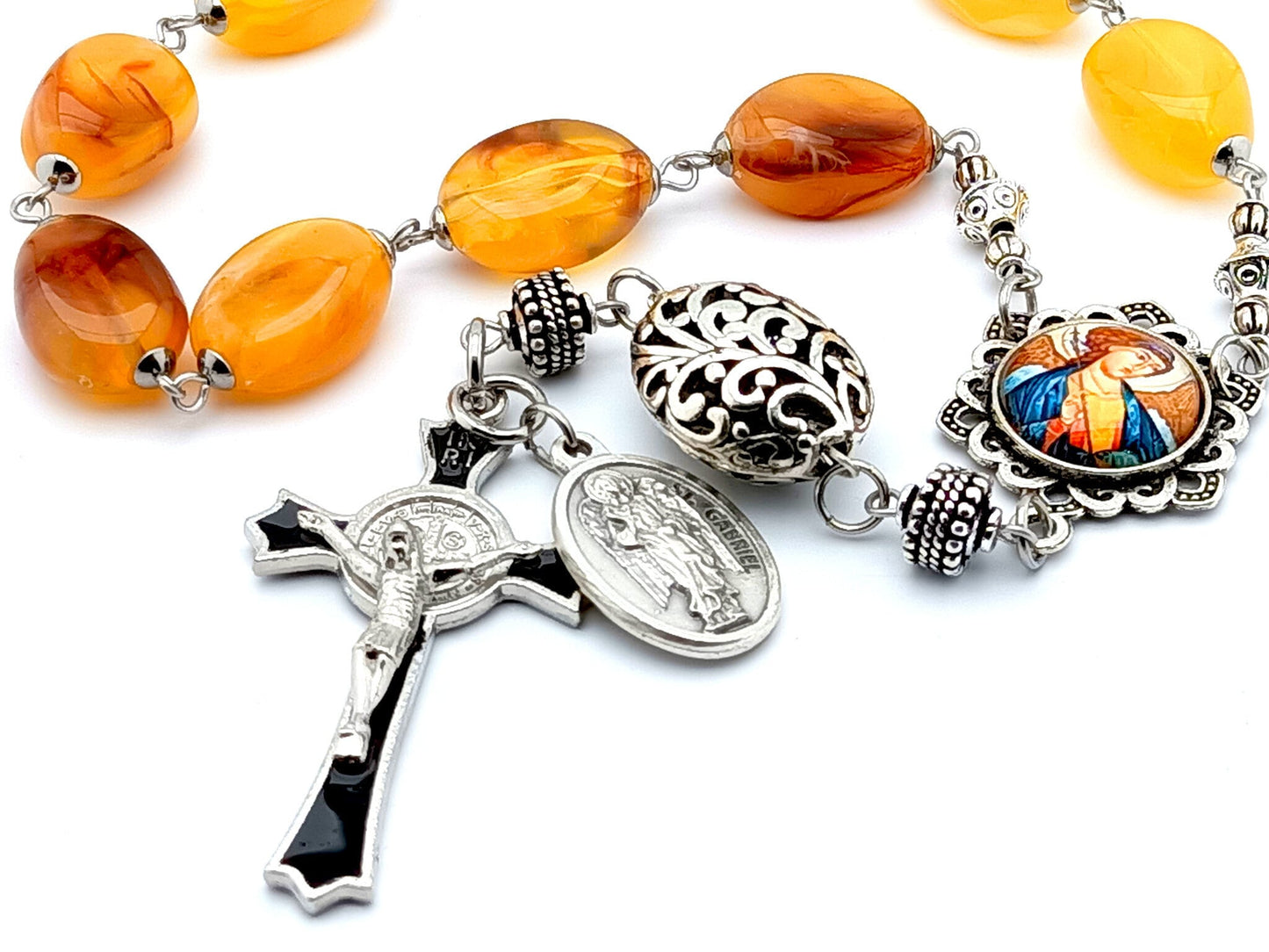 Saint Gabriel unique rosary beads single decade rosary with amber gemstone beads, silver and black enamel crucifix and picture centre medal.