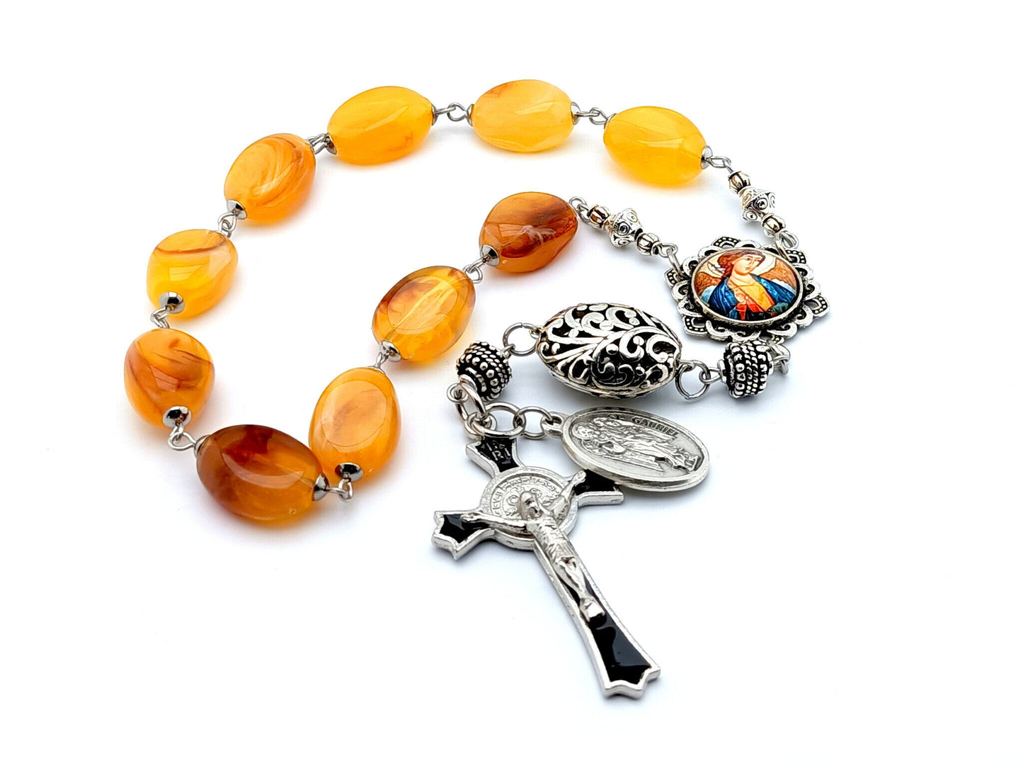 Saint Gabriel unique rosary beads single decade rosary with amber gemstone beads, silver and black enamel crucifix and picture centre medal.