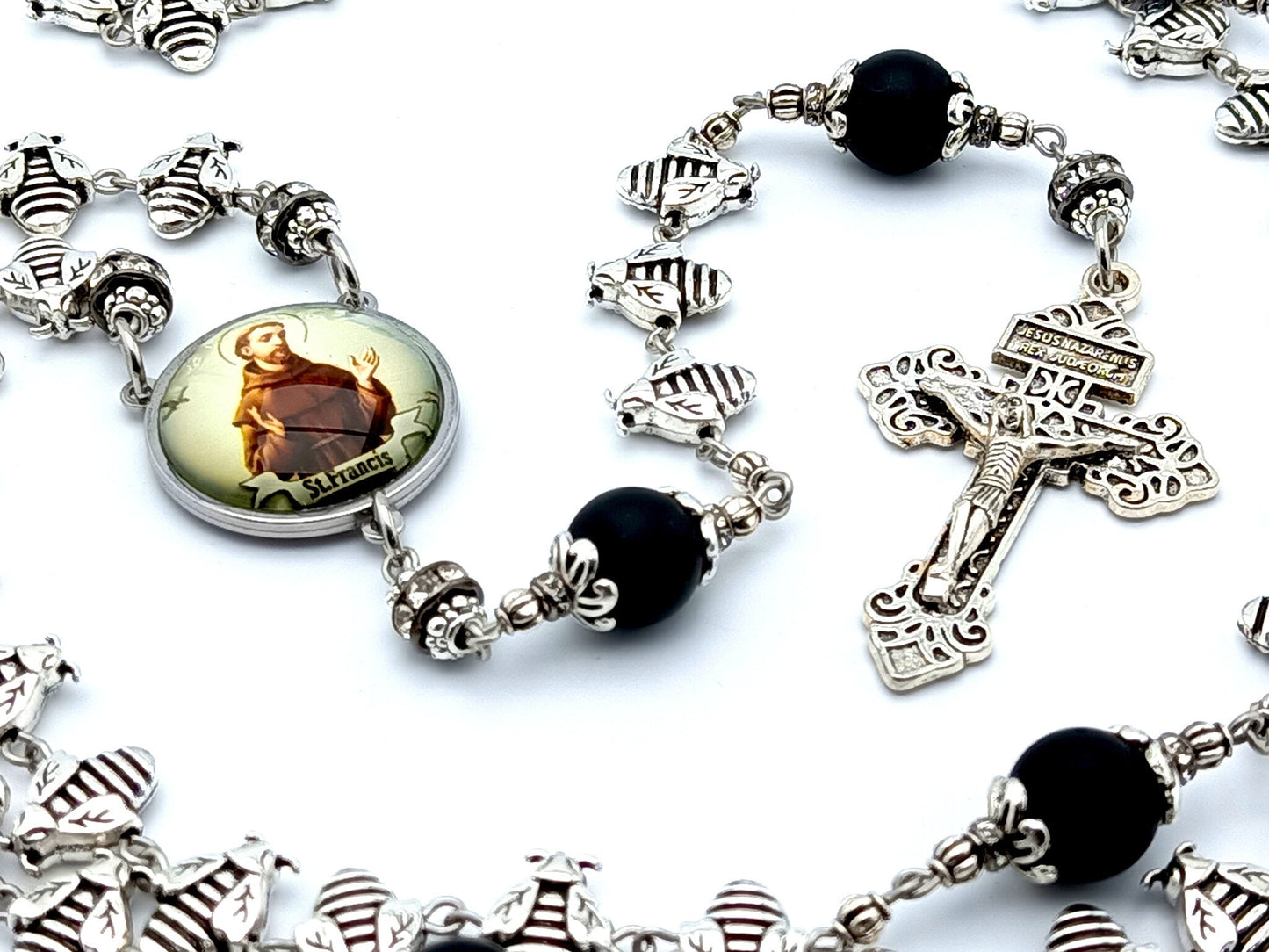 Saint Francis of Assisi unique rosary beads with silver bees and matt onyx beads, silver pardon crucifix and picture centre medal.