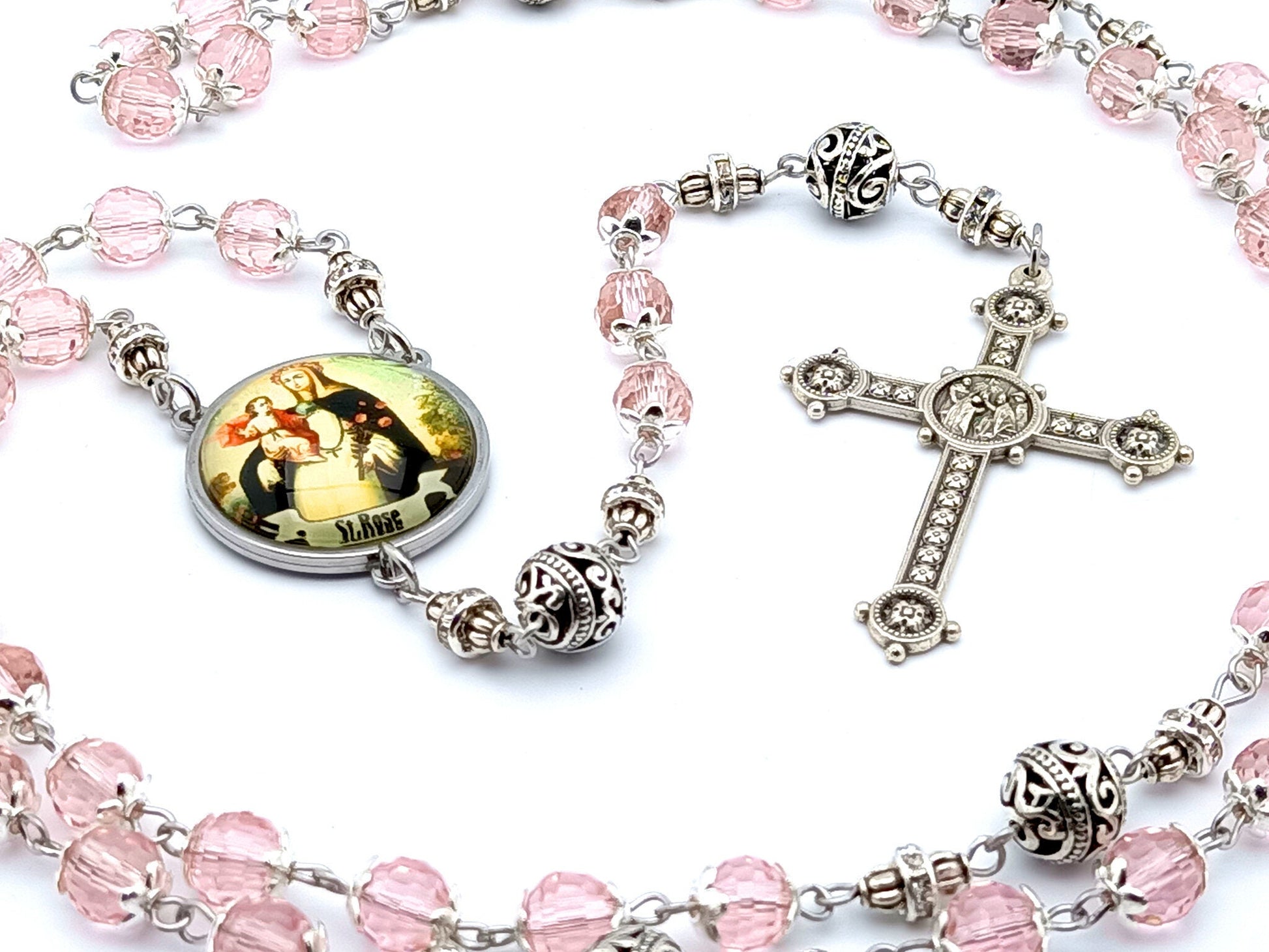 Saint Rose unique rosary beads with pink faceted glass and silver beads, silver crucifix and picture centre medal.