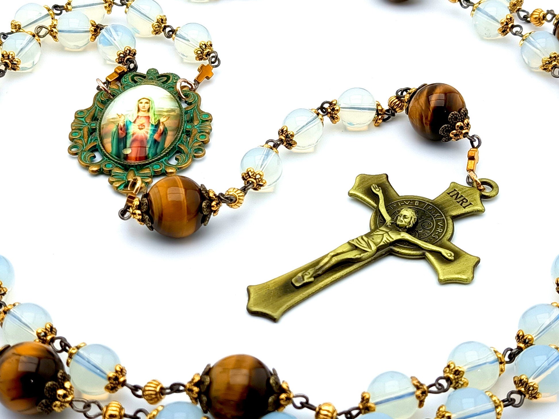 Immaculate Heart of Mary unique rosary beads with opal and tigers eye gemstone beads, bronze crucifix and verdigris picture centre medal.
