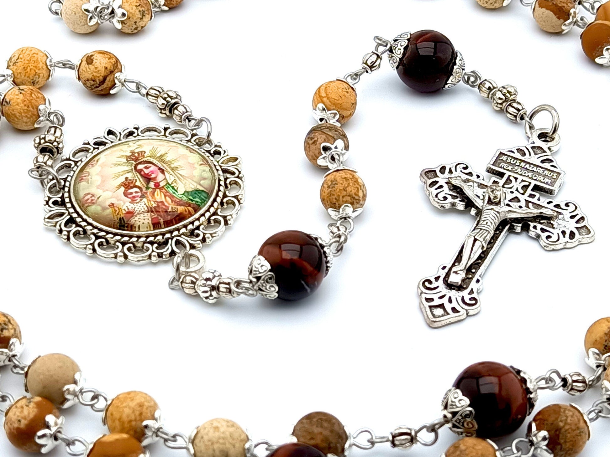 Our Lady of Mount Carmel unique rosary beads with natural gemstone and tigers eye beads, silver pardon crucifix and picture centre medal.