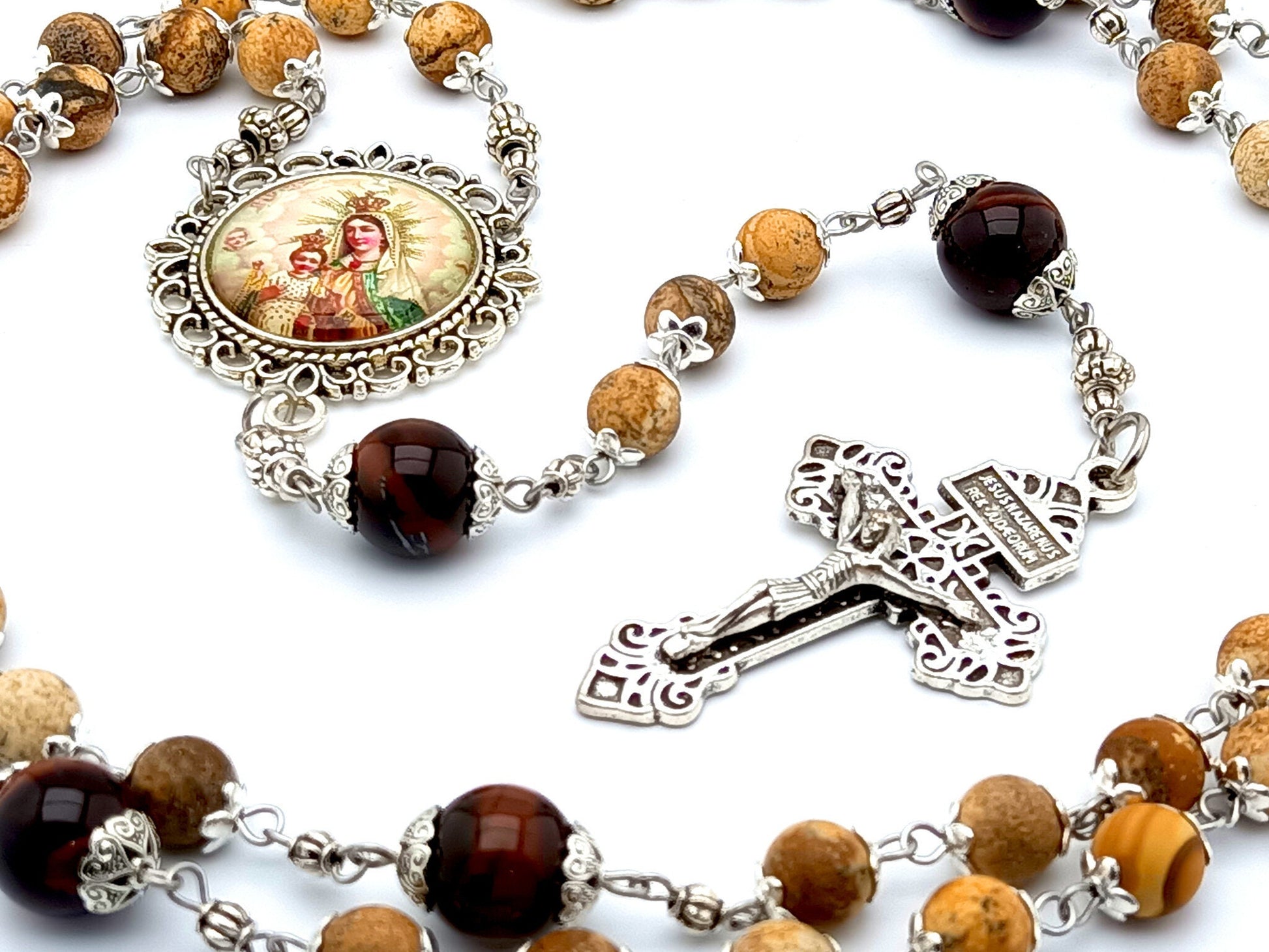 Our Lady of Mount Carmel natural gemstone and tigers eye rosary beads –  Unique Rosary Beads