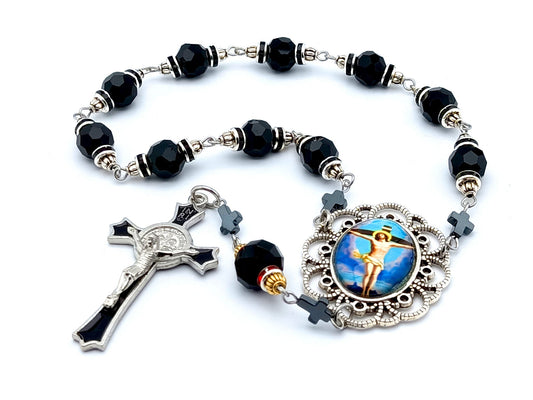 The Crucifixion unique rosary beads single decade rosary with black faceted glass beads, black enamel crucifix and silver picture centre medal.