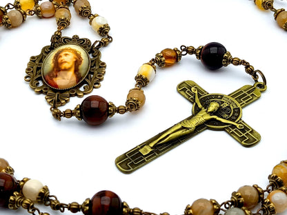 Crowning with Thorns unique rosary beads with natural and tigers eye gemstone beads, brass crucifix and bronze picture centre medal.