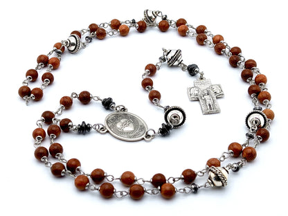 Sacred Heart unique rosaryt beads with dark wood and silver beads, silver Holy Family cross and Sacred Heart centre medal.
