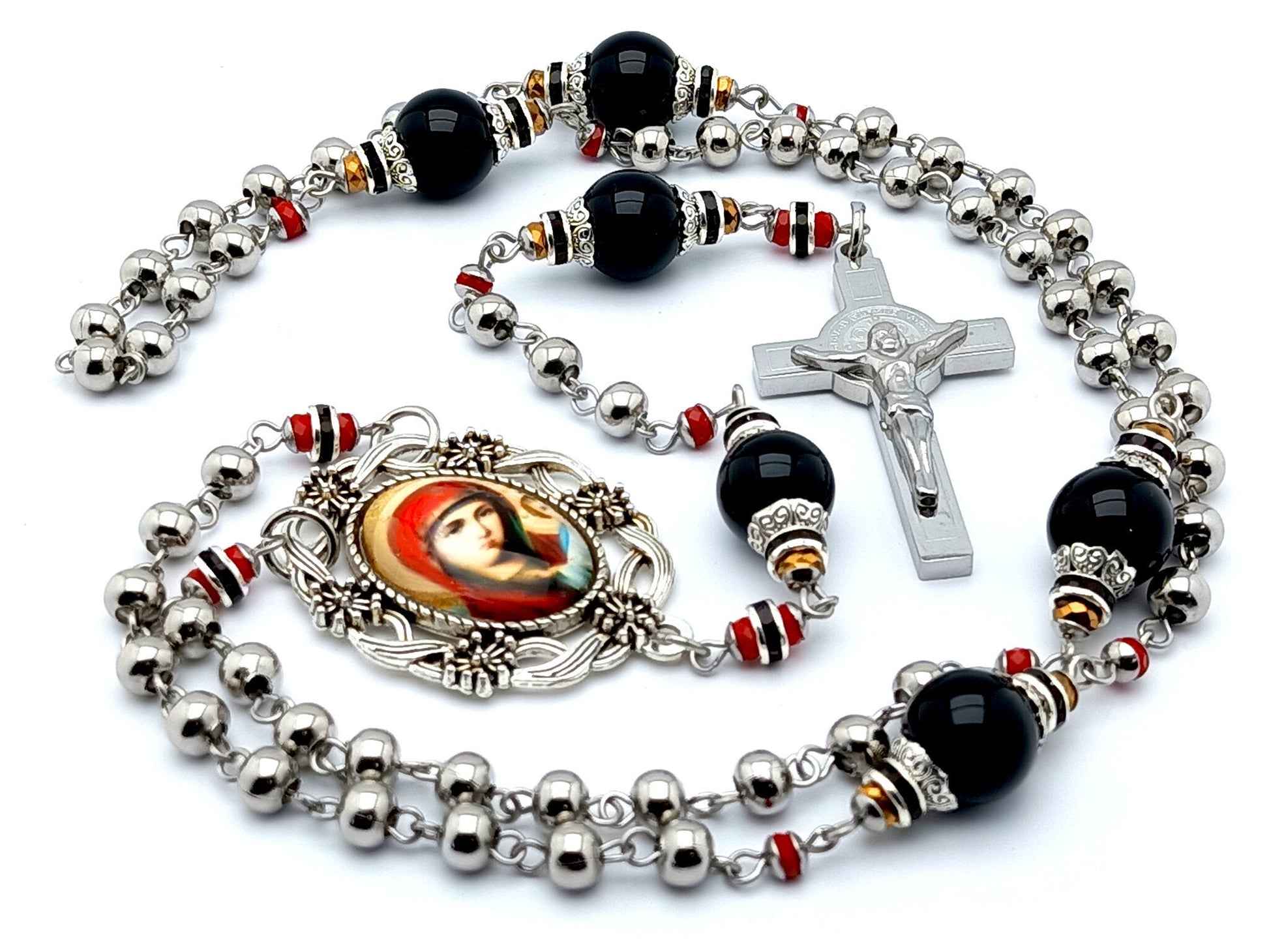 Our Lady of Perpetual Help unique rosary beads with stainless steel and onyx beads, Saint Benedict stainless steel crucifix and picture centre medal.