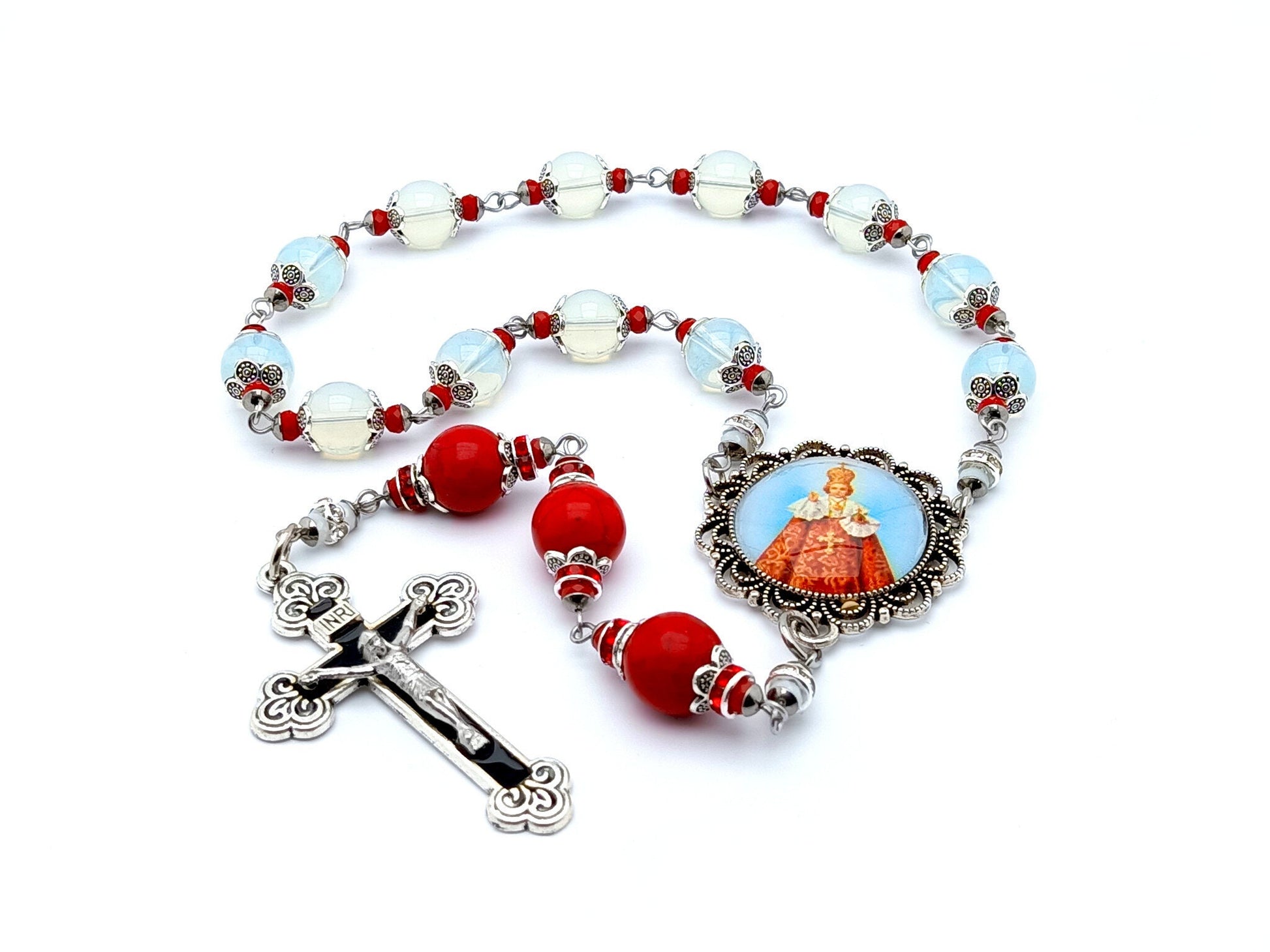 Infant of Prague unique rosary beads prayer chaplet with opal and red gemstone beads, black and silver enamel crucifix and picture centre medal.