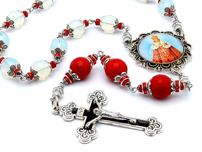 Infant of Prague unique rosary beads prayer chaplet with opal and red gemstone beads, black and silver enamel crucifix and picture centre medal.