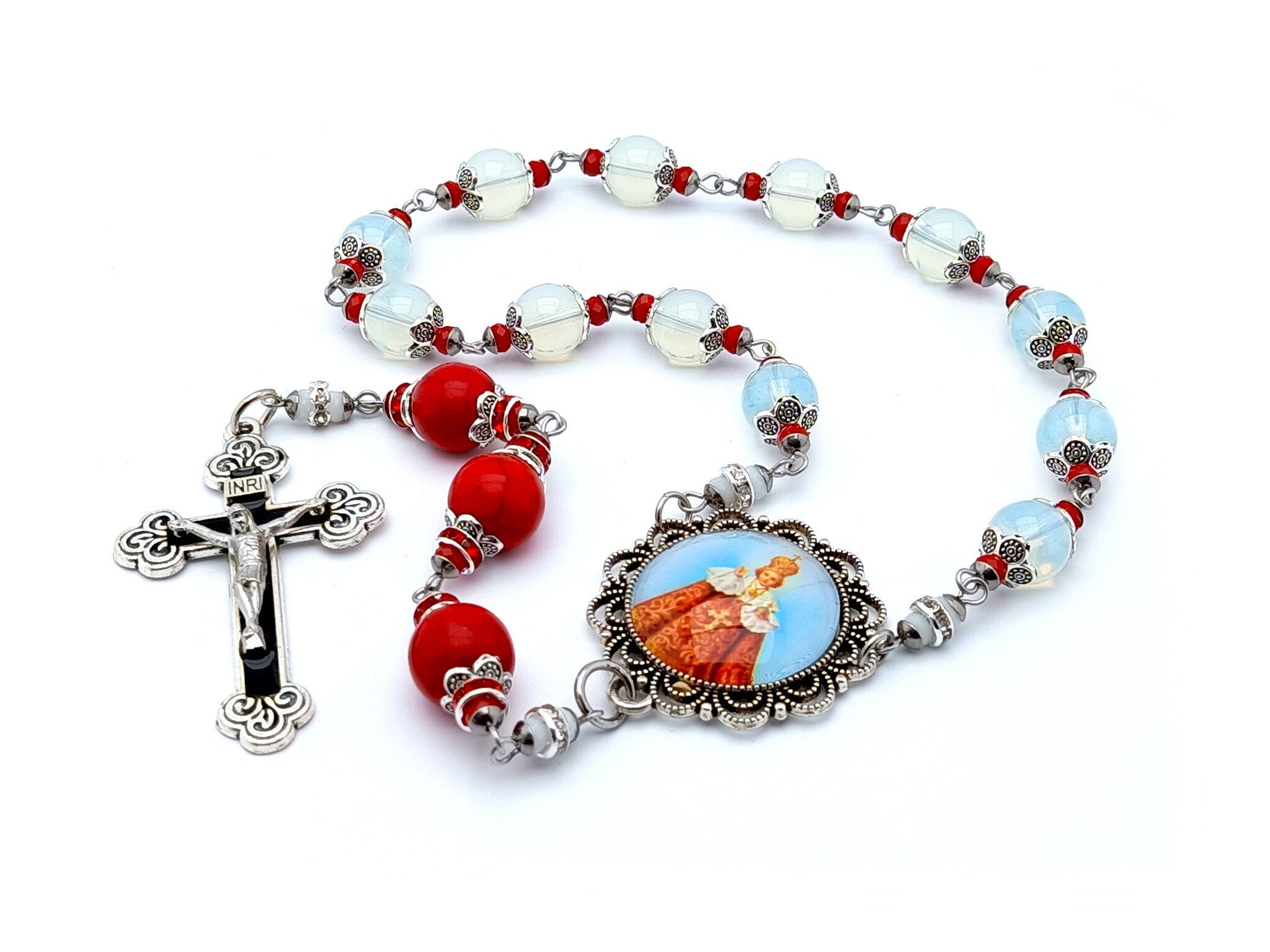 Infant of Prague unique rosary beads prayer chaplet with opal and red gemstone beads, black and silver enamel crucifix and picture centre medal.