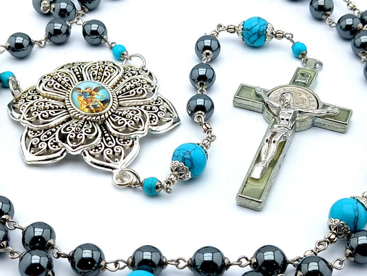 Saint Michael unique rosary beads with hematite and turquoise beads, luminous Saint Benedict crucifix and large silver picture centre medal.