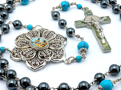 Saint Michael unique rosary beads with hematite and turquoise beads, luminous Saint Benedict crucifix and large silver picture centre medal.