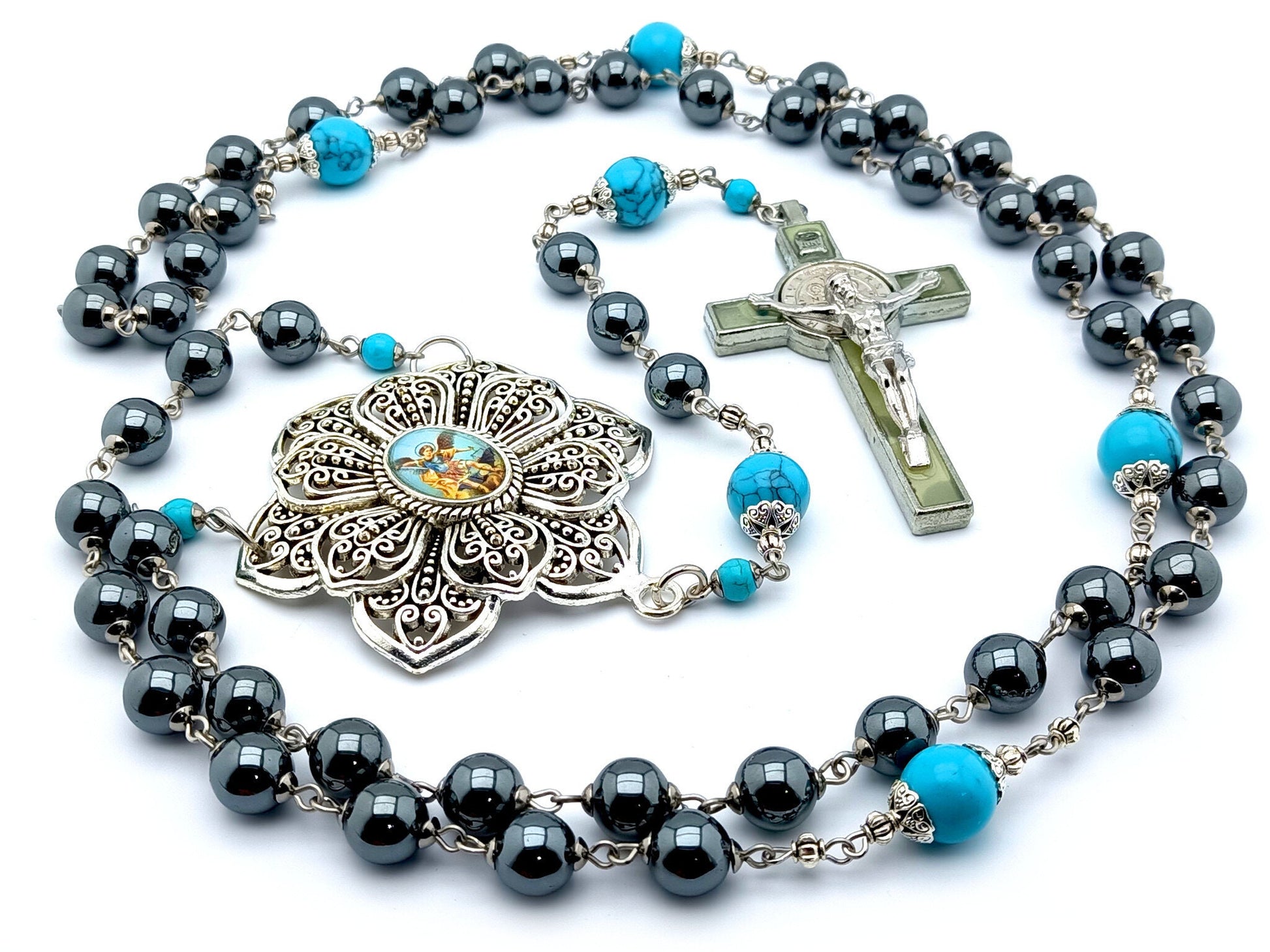 Saint Michael unique rosary beads with hematite and turquoise beads, luminous Saint Benedict crucifix and large silver picture centre medal.