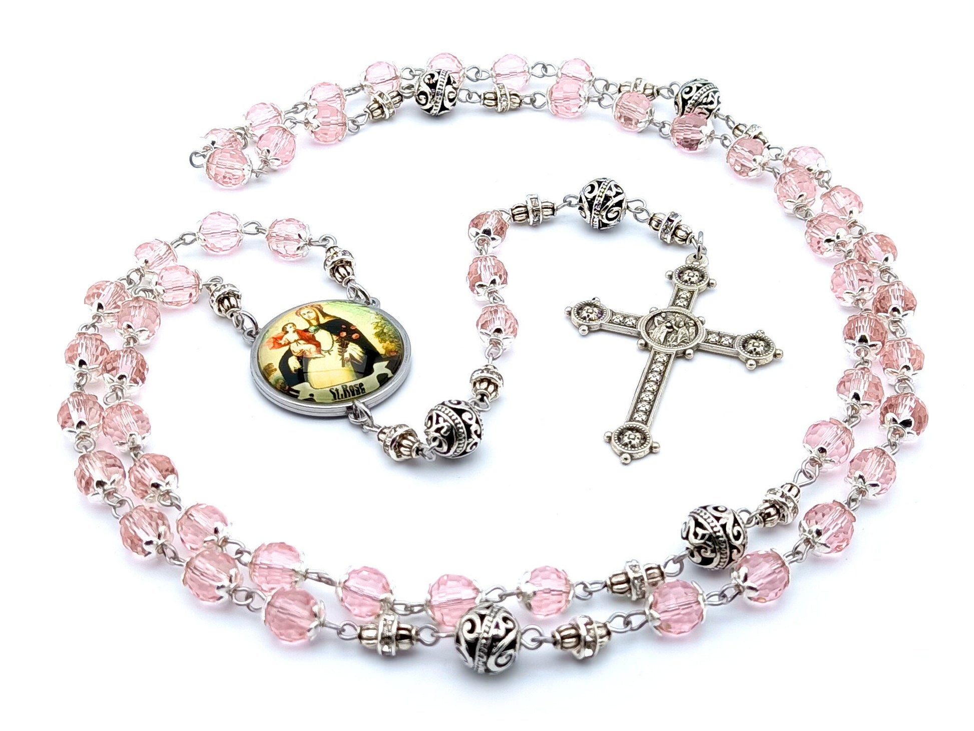 Saint Rose unique rosary beads with pink faceted glass and silver beads, silver crucifix and picture centre medal.