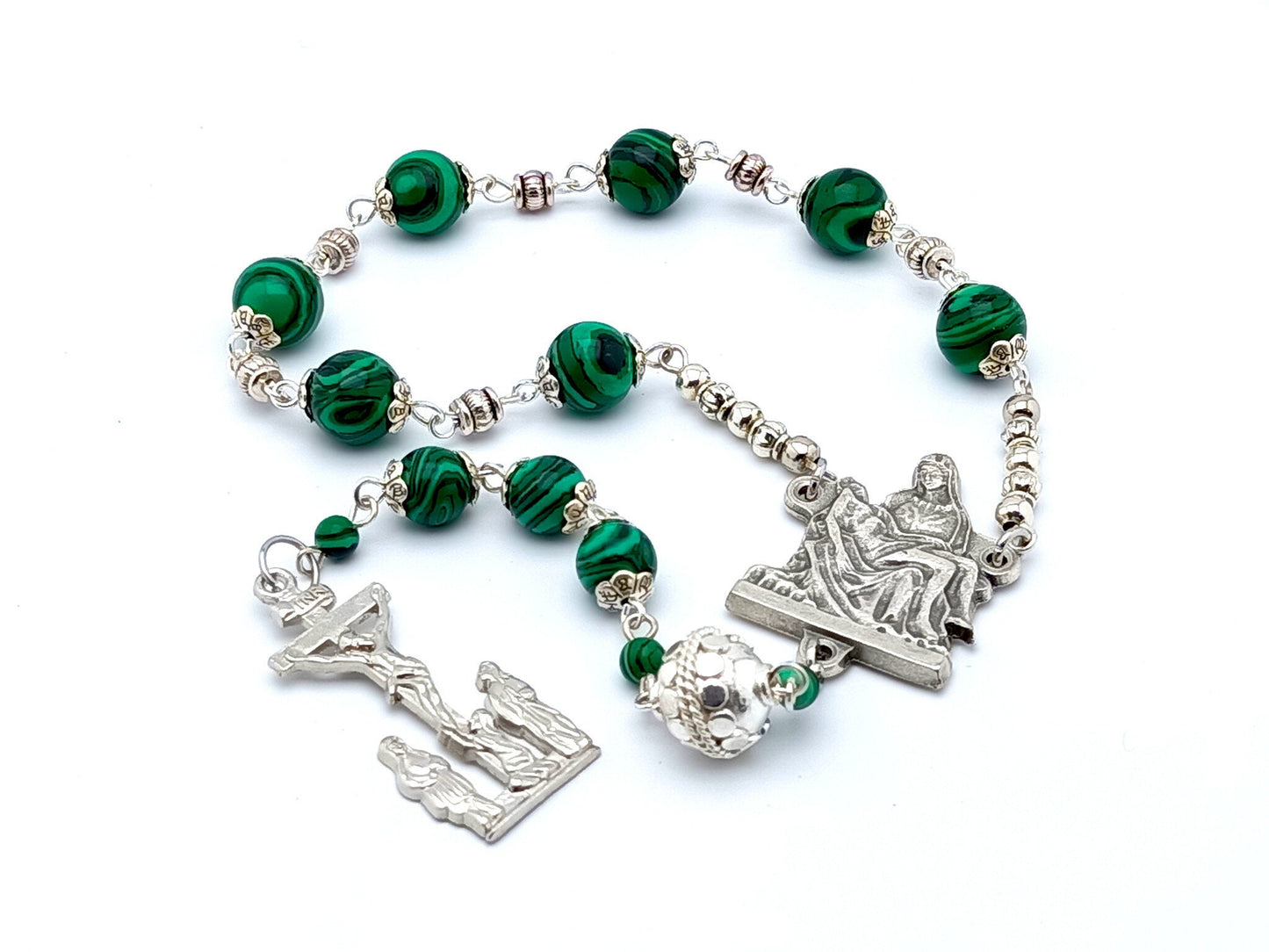 Our Lady of Sorrows unique rosary beads servite rosary with malachite gemstone beads, silver crucifix and La Pieta centre medal.