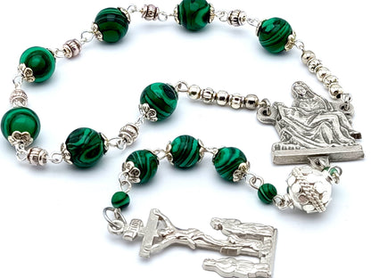 Our Lady of Sorrows unique rosary beads servite rosary with malachite gemstone beads, silver crucifix and La Pieta centre medal.