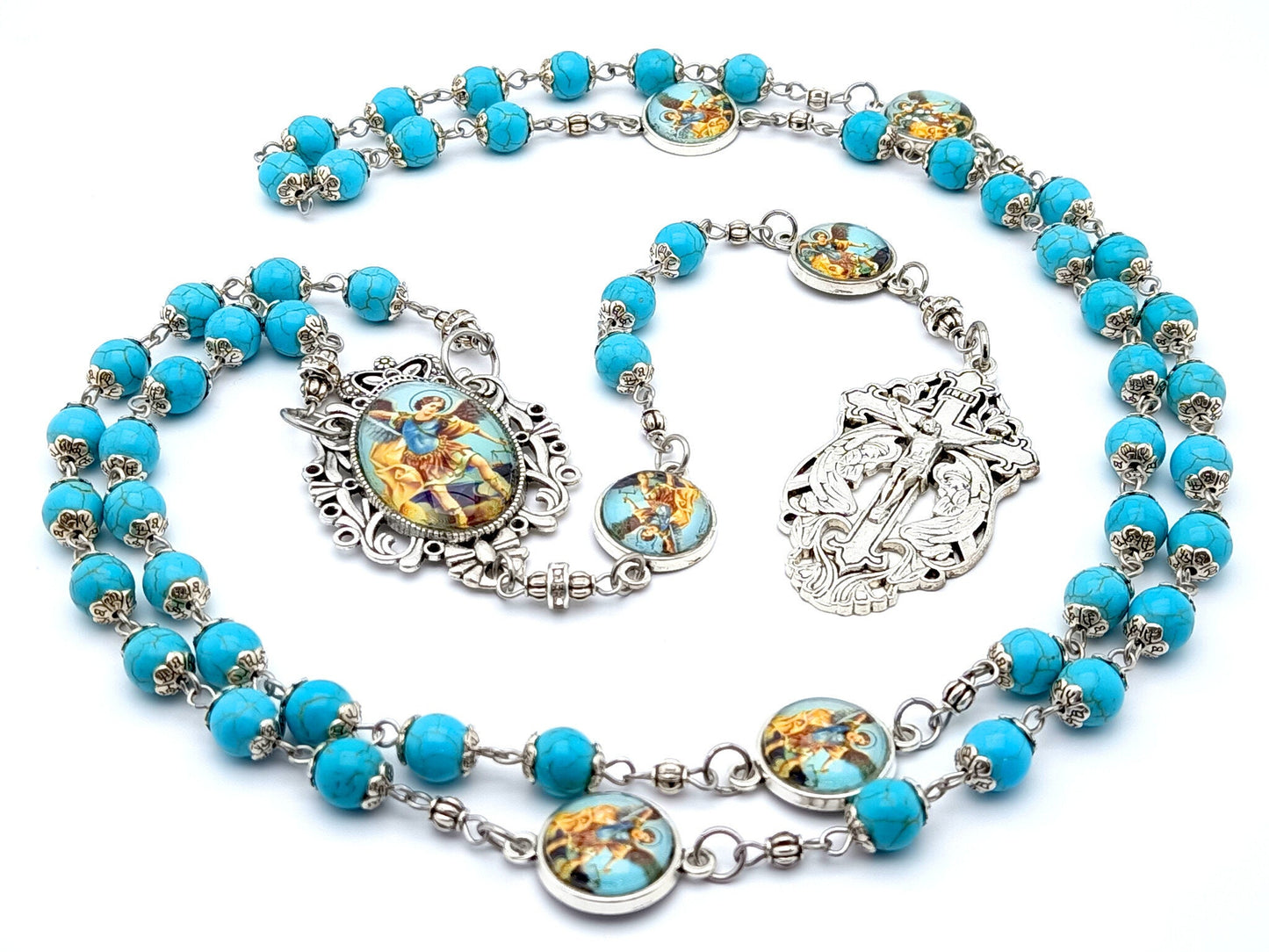 Saint Michael unique rosary beads with turquoise gemstone and stainless steel picture beads, silver Holy Angels crucifix and picture centre medal.