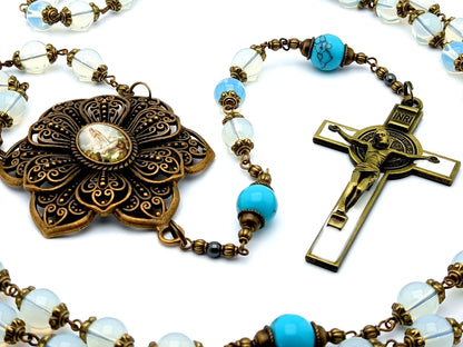 Our Lady of Fatima unique rosary beads with opal and turquoise beads, bronze and white enamel crucifix and large bronze picture centre medal.