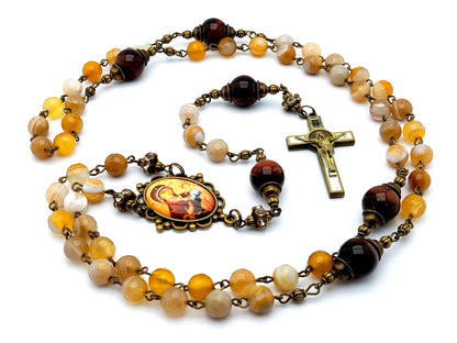 Our Lady of Perpetual Help unique rosary beads with natural and deep red gemstone beads, bronze and white enamel crucifix and picture centre medal.