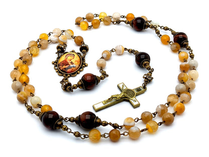 Our Lady of Perpetual Help unique rosary beads with natural and deep red gemstone beads, bronze and white enamel crucifix and picture centre medal.