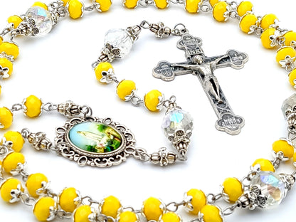 Our Lady of Fatima unique rosary beads with yellow faceted and clear glass beads, silver crucifix and picture centre medal.
