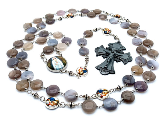 Immaculate Heart of Mary unique rosary beads with gemstone style pebble and stainless steel picture beads, large pewter crucifix and stainless steel picture centre medal.