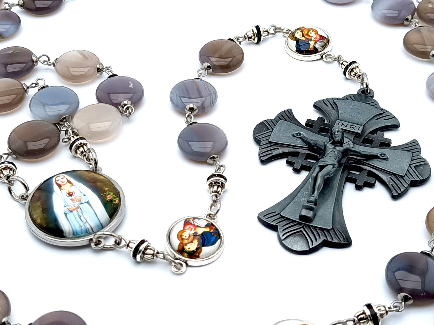 Immaculate Heart of Mary unique rosary beads with gemstone style pebble and stainless steel picture beads, large pewter crucifix and stainless steel picture centre medal.