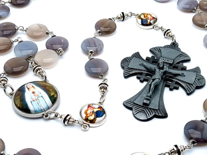 Immaculate Heart of Mary unique rosary beads with gemstone style pebble and stainless steel picture beads, large pewter crucifix and stainless steel picture centre medal.
