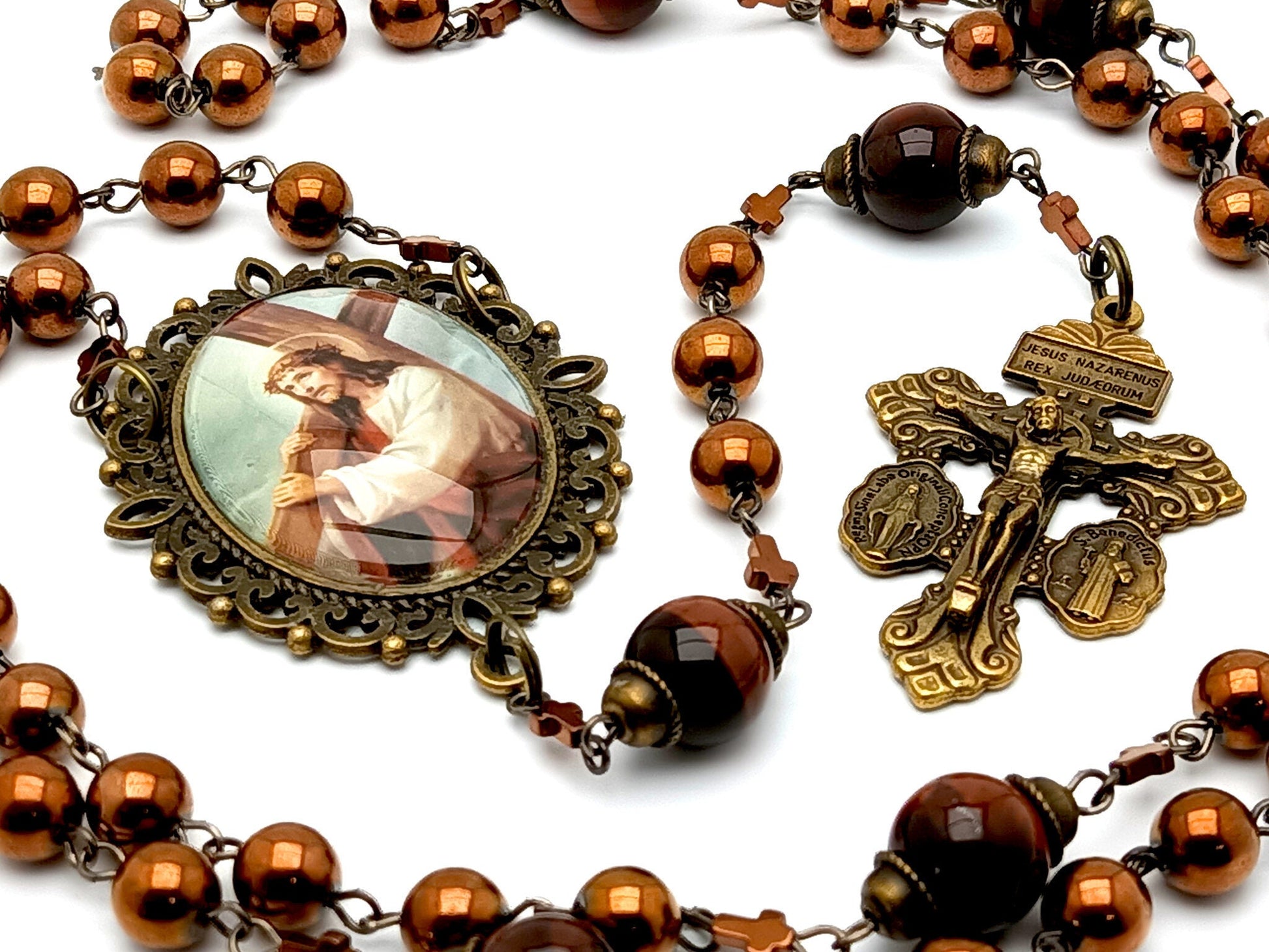 Stations of the Cross unique rosary beads with copper hemetite gemstone beads, bronze pardon crucifix and picture centre medal.