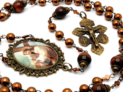 Stations of the Cross unique rosary beads with copper hemetite gemstone beads, bronze pardon crucifix and picture centre medal.