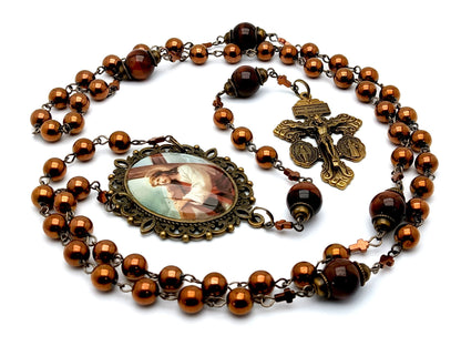 Stations of the Cross unique rosary beads with copper hemetite gemstone beads, bronze pardon crucifix and picture centre medal.