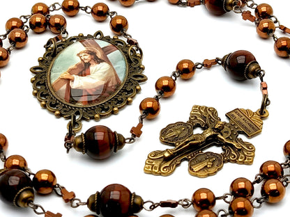 Stations of the Cross unique rosary beads with copper hemetite gemstone beads, bronze pardon crucifix and picture centre medal.