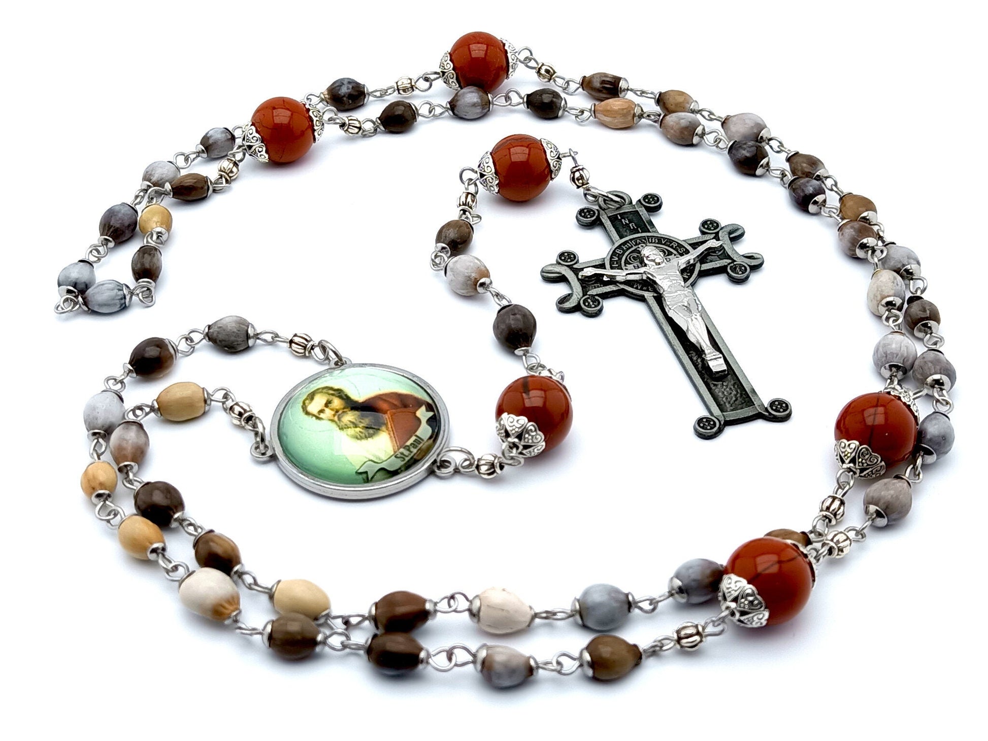 Saint Paul the Apostle unique rosary beads with jobs tears and red gemstone beads, black Saint Benedict crucifix and stainless steel picture centre medal. 