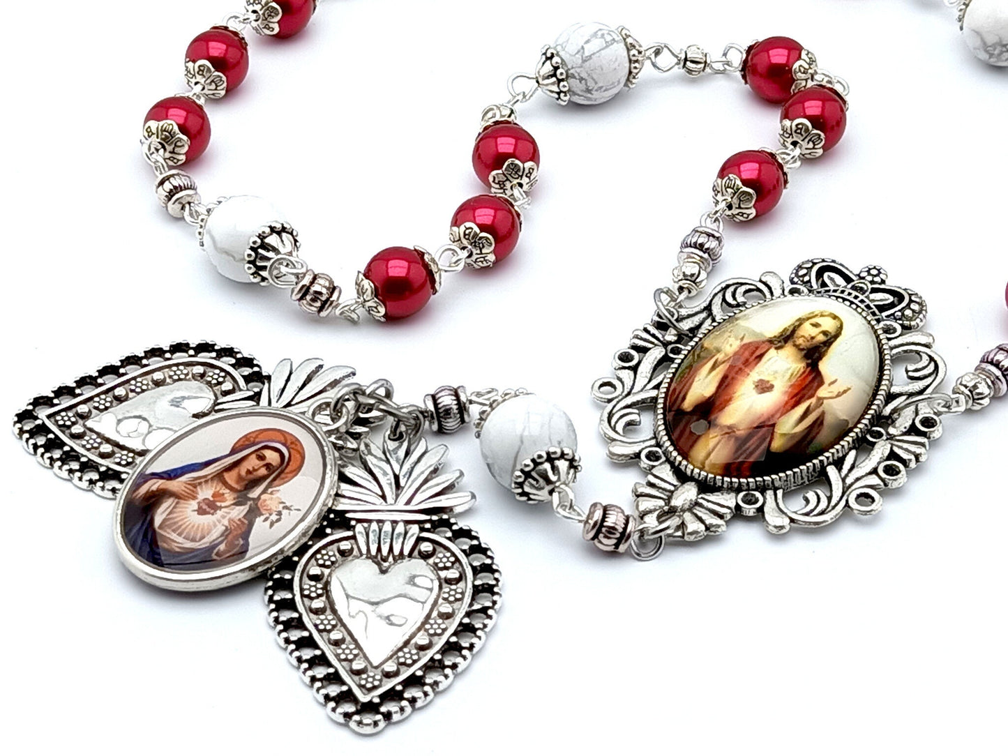 Two Hearts of Jesus and Mary unique rosary beads prayer chaplet with red and white beads, silver two heart medals and picture medals.