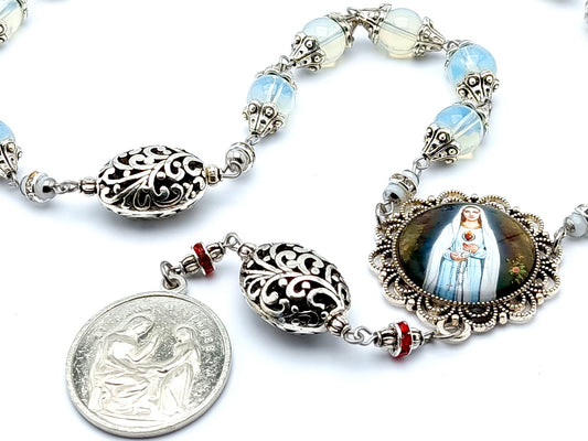 Saint Anne unique rosary beads prayer chaplet with opal gemstone and silver beads, silver end medal and picture centre medal.