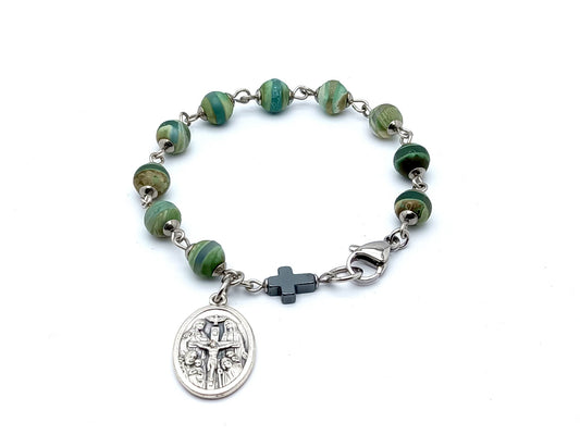 Holy Trinity and Saint Joseph unique rosary beads single decade rosary bracelet with agate gemstone and hematite beads, stainless steel clasp and medal.