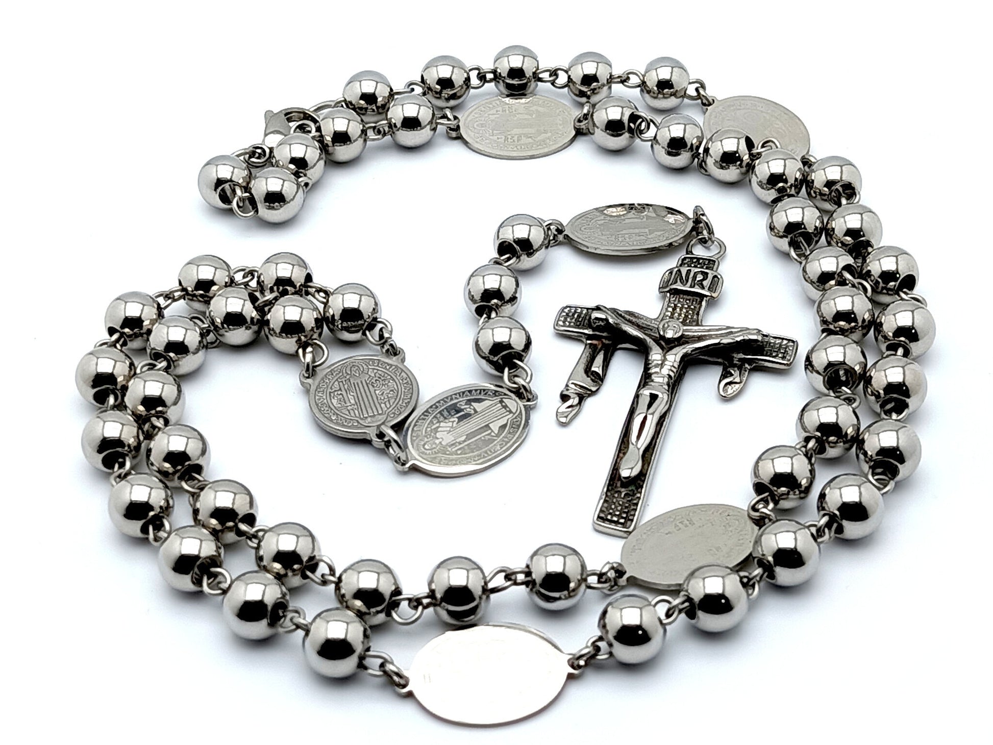 Saint Benedict unique rosary beads with stainless steel beads and etched medals, stainless steel crucifix and centre medal.