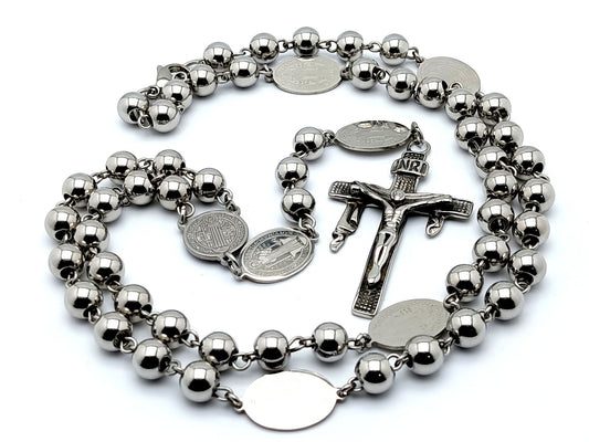 Saint Benedict unique rosary beads with stainless steel beads and etched medals, stainless steel crucifix and centre medal.