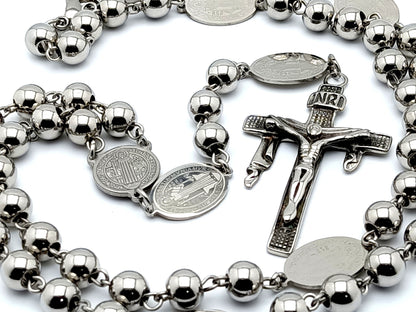 Saint Benedict unique rosary beads with stainless steel beads and etched medals, stainless steel crucifix and centre medal.