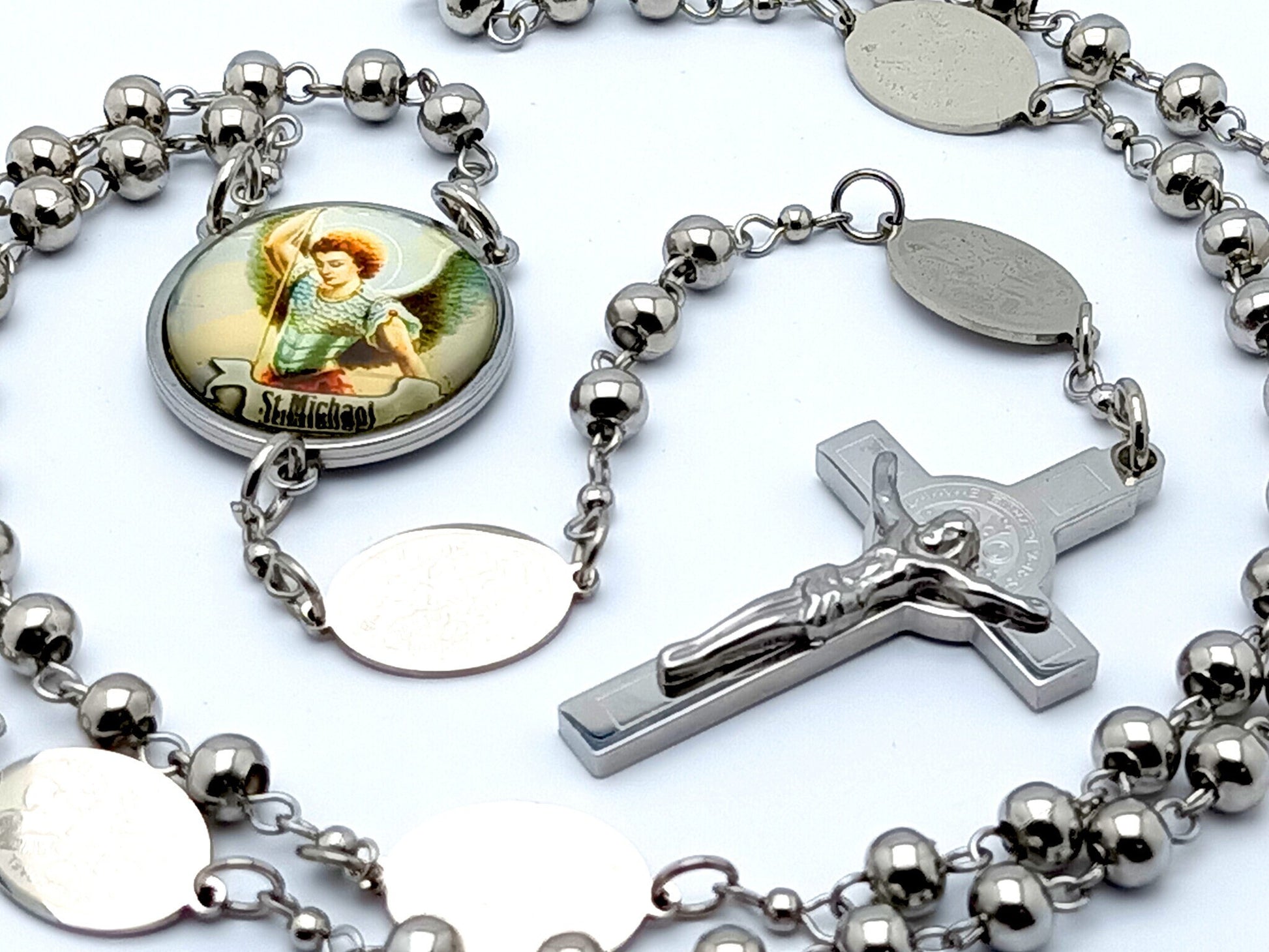 Saint Michael unique rosary beads with stainless steel beads and etched medals, stainless steel crucifix and picture centre medal.