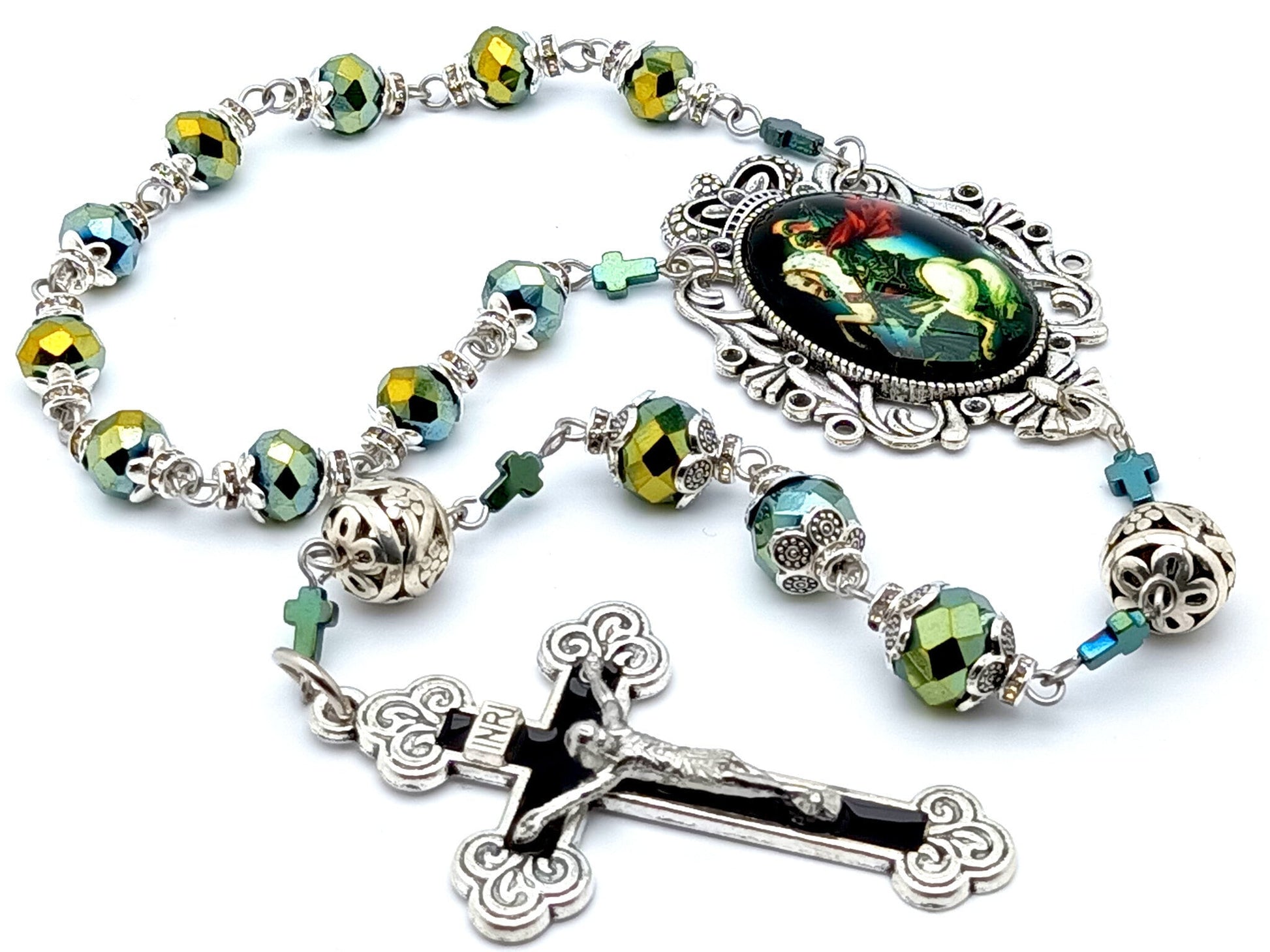 Saint George unique rosary beads single decade rosary with muli coloured faceted glass beads, black enamel crucifix and picture centre medal.