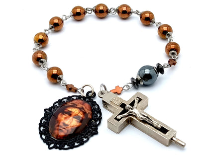 Holy Face of Jesus unique rosary beads single decade tenner rosary with copper hematite gemstone beads, relic holder crucifix and Holy face centre medal.
