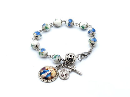 Immaculate Conception unique rosary beads single decade rosary braclet with floral porcelain and silver beads, silver clasp and medals.