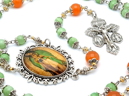 Our Lady of Guadalupe unique rosary beads with green and orange gemstone beads, silver pardon crucifix and picture centre medal.