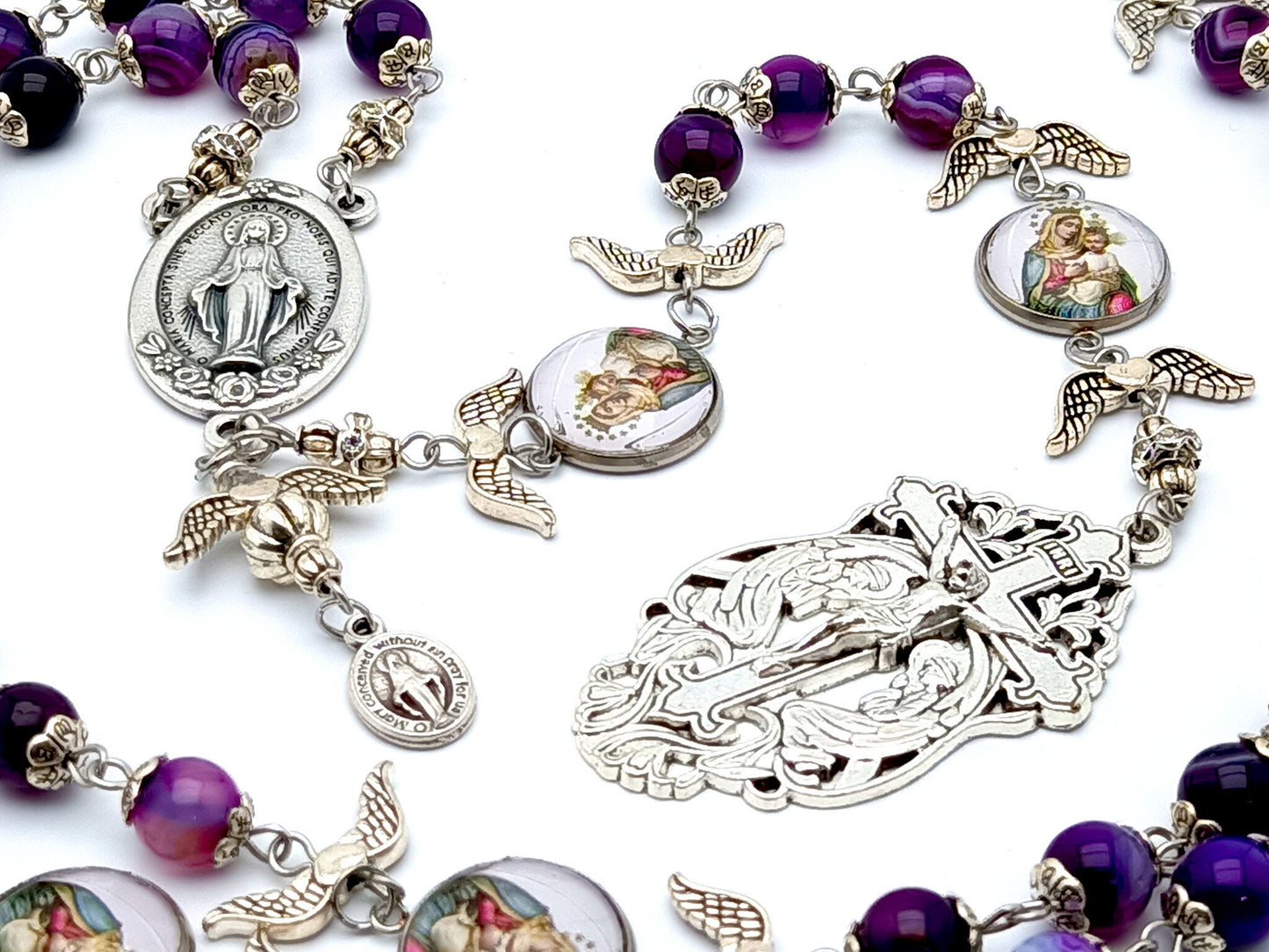 Our Lady of Mount Carmel unique rosary beads with purple agate gemstone and silver winged dove  beads, silver Holy Angels crucifix and centre medal.