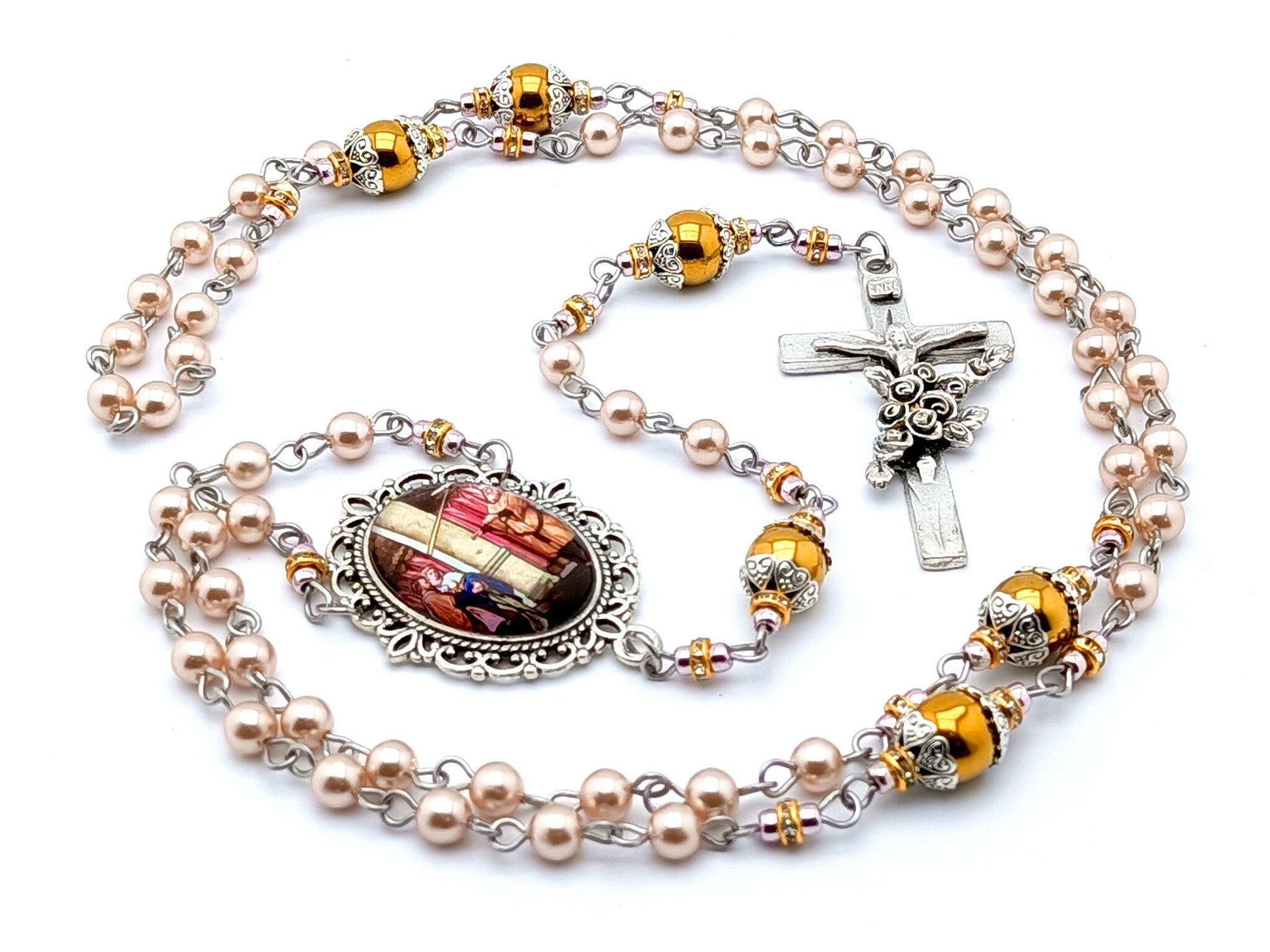 Saint Ann and Joachim unique rosary beads rosary with pink pearl and gold hematite gemstone beads, Saint Therese crucifix and picture centre medal.