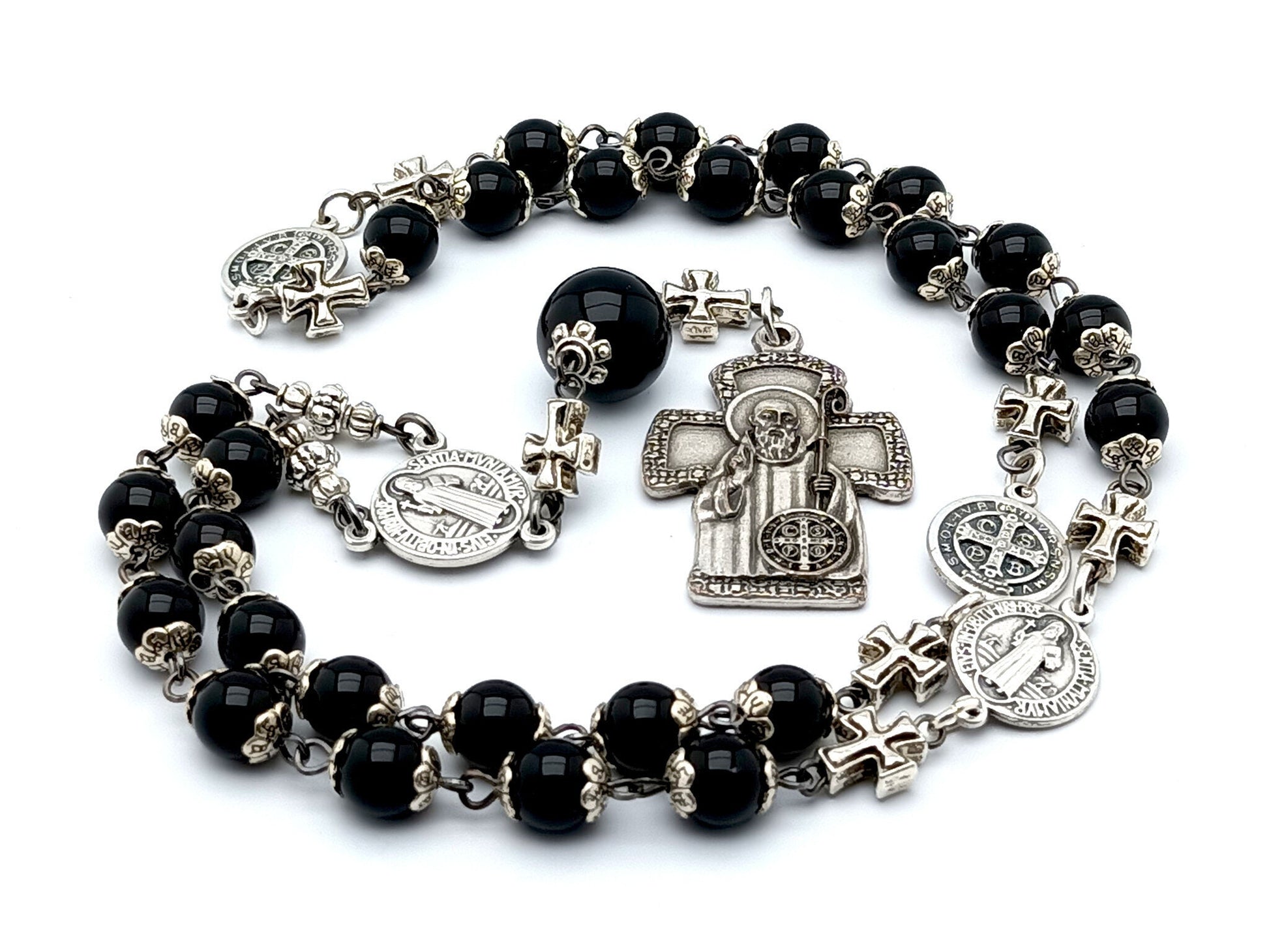 Saint Benedict unique rosary beads prayer chapet with onyx gemstone beads, silver Benedict medals and protector medal.