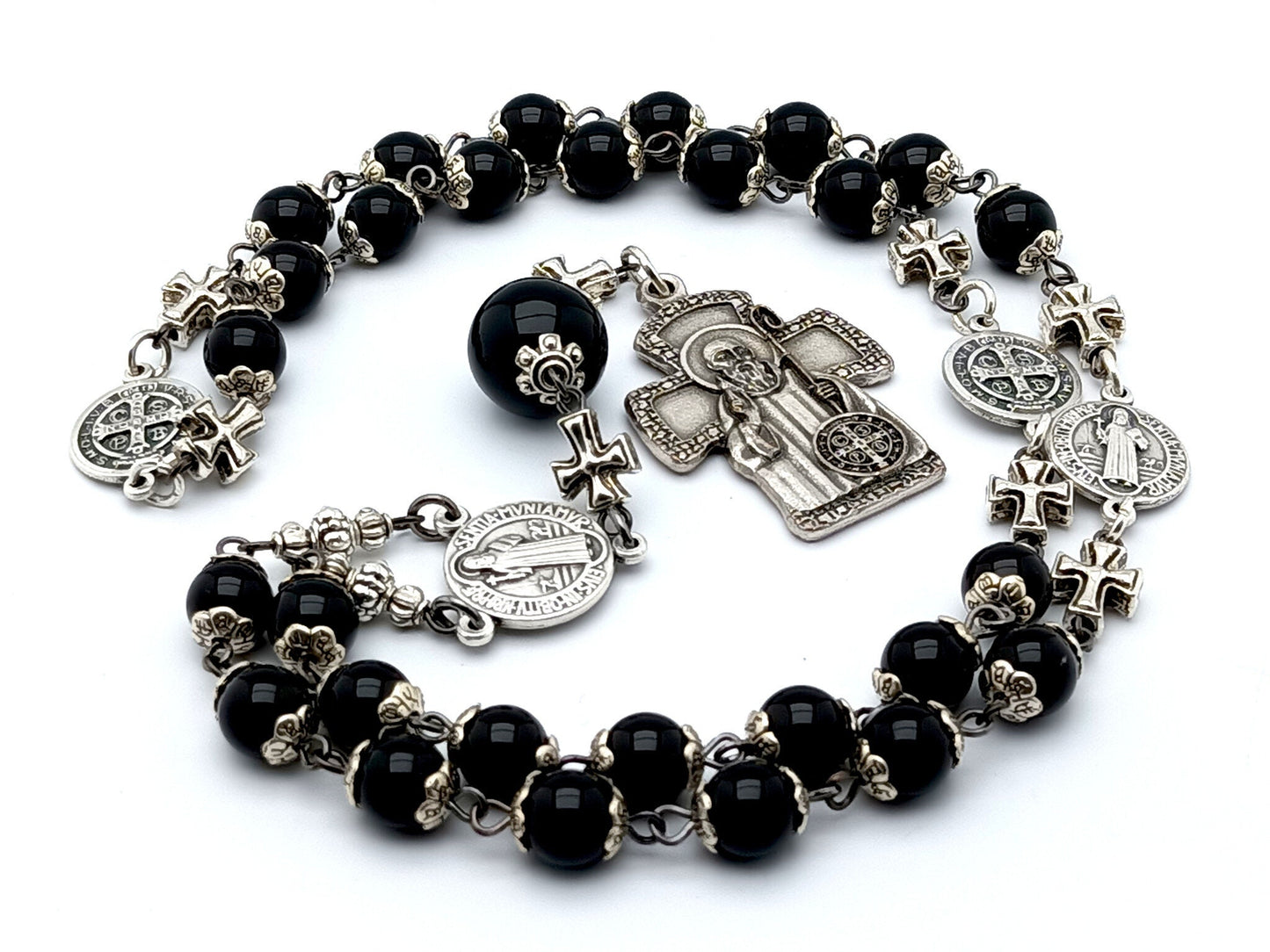 Saint Benedict unique rosary beads prayer chapet with onyx gemstone beads, silver Benedict medals and protector medal.